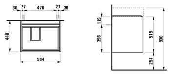 LAUFEN LANI skrinka pod umývadlo 58,4x44,8x51,5 cm, 2 zásuvky, s organizérom, matná biela H4039321122601 Technický nákres