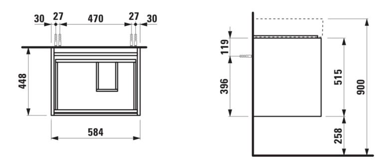 LAUFEN LANI skrinka pod umývadlo 58,4x44,8x51,5 cm, 2 zásuvky, s organizérom, matná biela H4039421122601 Technický nákres