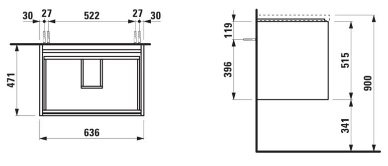 LAUFEN LANI skrinka pod umývadlo 63,6x47,1x51,5 cm, 2 zásuvky, s organizérom, matná biela H4041521122601 Technický nákres