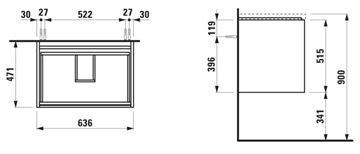 LAUFEN LANI skrinka pod umývadlo 63,6x47,1x51,5 cm, 2 zásuvky, s organizérom, matná biela H4041521122601 Technický nákres
