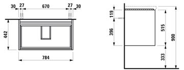 LAUFEN LANI skrinka pod umývadlo 78,4x44,2x51,5 cm, 2 zásuvky, s organizérom, matná biela H4035521122601 Technický nákres