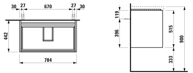 LAUFEN LANI skrinka pod umývadlo 78,4x44,2x51,5 cm, 2 zásuvky, s organizérom, matná biela H4035521122601 Technický nákres