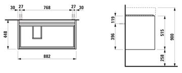 LAUFEN LANI skrinka pod umývadlo 88,2x44,8x51,5 cm, 2 zásuvky, s organizérom, matná biela H4039521122601 Technický nákres