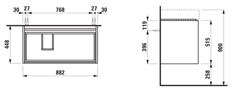LAUFEN LANI skrinka pod umývadlo 88,2x44,8x51,5 cm, 2 zásuvky, s organizérom, matná biela H4039521122601 Technický nákres