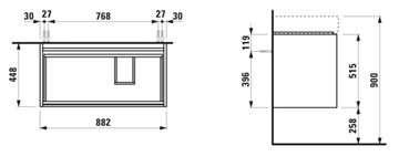 LAUFEN LANI skrinka pod umývadlo 88,2x44,8x51,5 cm, 2 zásuvky, s organizérom, matná biela H4039621122601 Technický nákres