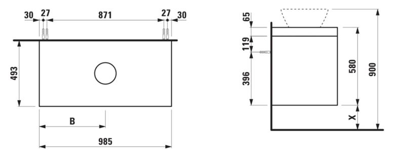 LAUFEN LANI skrinka pod umývadlo, 98,5x49,3x58 cm, 2 zásuvky, matná biela H4045611122601 Technický nákres