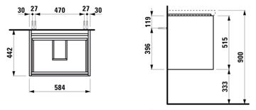 LAUFEN LANI skrinka pod umývadlo 58,4x44,2x51,5 cm, 2 zásuvky, s organizérom, matná biela H4035321122601 Technický nákres