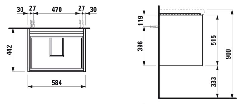 LAUFEN LANI skrinka pod umývadlo 58,4x44,2x51,5 cm, 2 zásuvky, s organizérom, matná biela H4035321122601 Technický nákres