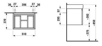LAUFEN PRO S skrinka pod umývadlo 51x37x39, 2 cm, 1 zásuvka, lesklá biela H4830220954751 Technický nákres
