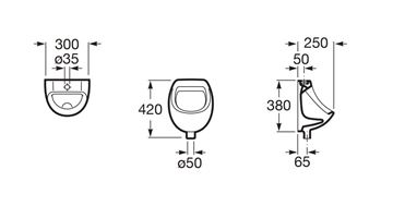 ROCA MINI pisoár, horný prívod vody A353145000 Technický nákres