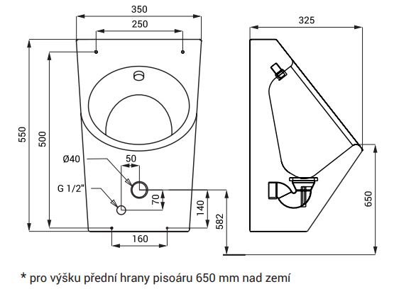 SANELA pisoár, zadný prívod vody, nerez SLPN 07 Technický nákres