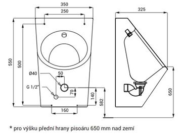 SANELA pisoár, zadný prívod vody, nerez SLPN 07 Technický nákres
