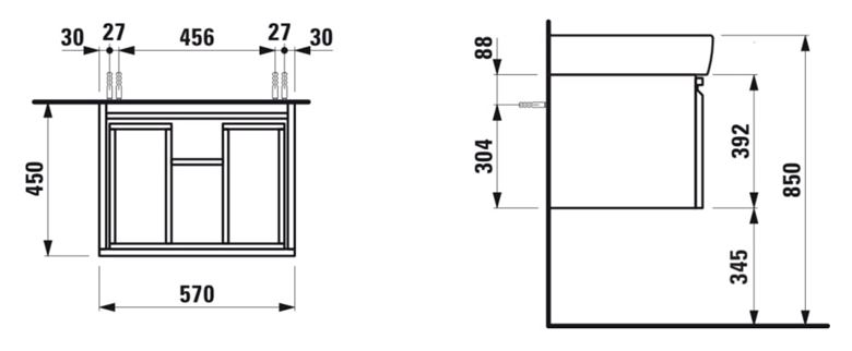 LAUFEN PRE skrinka pod umývadlo 57x45x39 cm, 1 zásuvka, wenge H4830420954231 Technický nákres