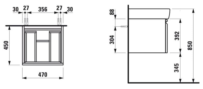 LAUFEN PRE skrinka pod umývadlo 47x45x39, 2 cm, 1 zásuvka, biela H4830230954631 Technický nákres