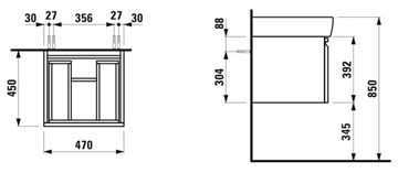 LAUFEN PRE skrinka pod umývadlo 47x45x39, 2 cm, 1 zásuvka, biela H4830230954631 Technický nákres
