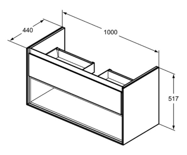 IDEAL STANDARD CONNECT AIR skrinka pod umývadlo 100x44x51, 7 cm, 1 zásuvka, 1 polica, matná biela/lesklá biela E0828B2 Technický nákres