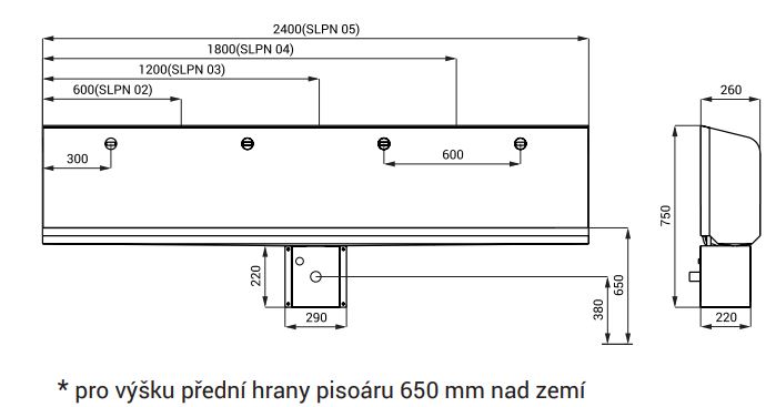 SANELA pisoárový žľab s automatickým splachovačom, napájanie zo siete, zadný prívod vody, nerez SLPN 04E Technický nákres