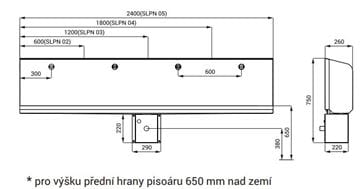 SANELA pisoárový žľab s automatickým splachovačom, napájanie zo siete, zadný prívod vody, nerez SLPN 04E Technický nákres