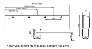 SANELA pisoárový žľab s automatickým splachovačom, zadný prívod vody, nerez SLPN 05E Technický nákres
