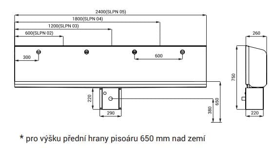 SANELA pisoárový žľab s automatickým splachovačom, zadný prívod vody, nerez SLPN 05E Technický nákres
