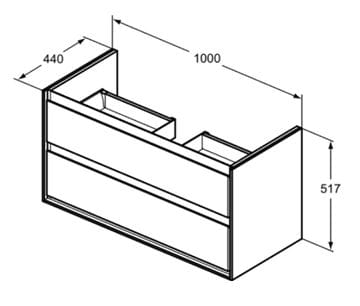 IDEAL STANDARD CONNECT AIR skrinka pod umývadlo 100x44x51, 7 cm, 2 zásuvky, matná biela/lesklá biela E0821B2 Technický nákres