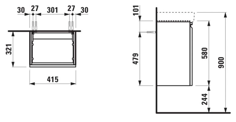 LAUFEN PRO S skrinka pod umývadlo 41,5x32,1x58 cm, 1 dvierka, pánty vľavo, lesklá biela H4833010964751 Technický nákres