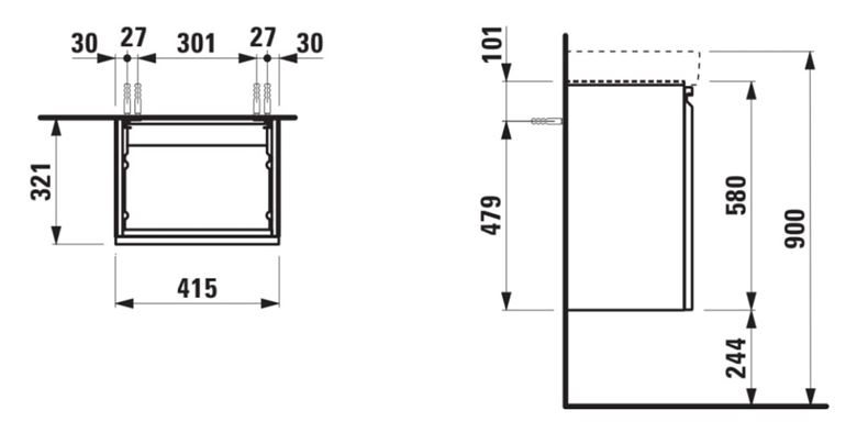 LAUFEN PRO S skrinka pod umývadlo 41,5x32,1x58 cm, 1 dvierka, pánty vpravo, matná biela H4833020964631 Technický nákres