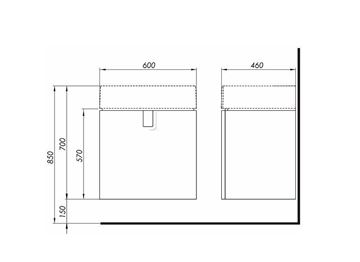 KOLO TWINS skrinka pod umývadlo 60x46x57 cm, 1 dvierka, lesklá biela 89486000 Technický nákres