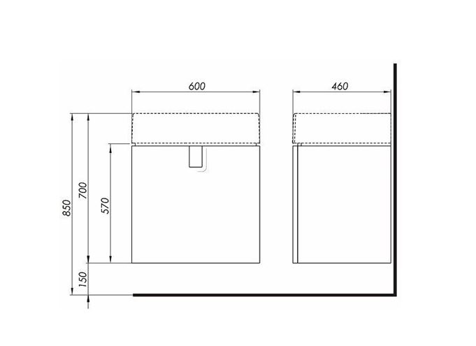 KOLO TWINS skrinka pod umývadlo 60x46x57 cm, 1 dvierka, lesklá biela 89486000 Technický nákres