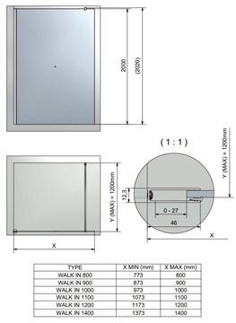 ROTH CARIBA WALK IN CI TWF stena walk-in 100x200 cm, brillant/číre sklo CI TWF 10020 VPF Technický nákres