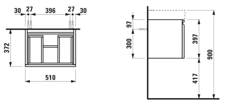 LAUFEN PRO S skrinka pod umývadlo 51x37,2x39,7 cm, 1 zásuvka, lesklá biela H4830210954751 Technický nákres