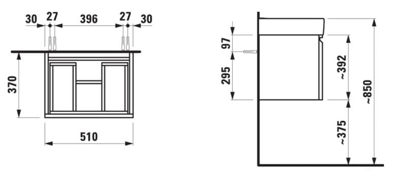 LAUFEN PRO S skrinka pod umývadlo 51x37x39, 2 cm, 1 zásuvka, biela H4830220954631 Technický nákres