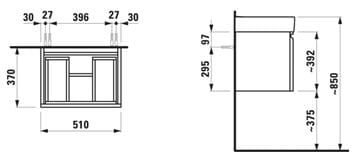 LAUFEN PRO S skrinka pod umývadlo 51x37x39, 2 cm, 1 zásuvka, biela H4830220954631 Technický nákres