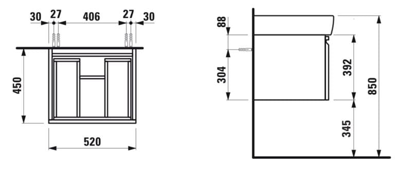 LAUFEN PRE skrinka pod umývadlo 52x45x39, 2 cm, 1 zásuvka, wenge H4830330954231 Technický nákres