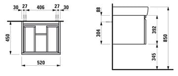 LAUFEN PRE skrinka pod umývadlo 52x45x39, 2 cm, 1 zásuvka, wenge H4830330954231 Technický nákres