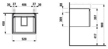 LAUFEN PRO S skrinka pod umývadlo 52x45x39,7 cm, 1 zásuvka, lesklá biela H4833520964751 Technický nákres