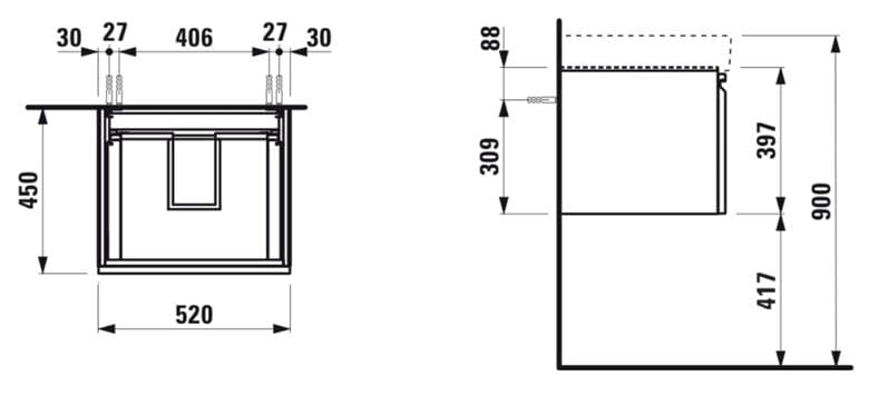 LAUFEN PRO S skrinka pod umývadlo 52x45x39,7 cm, 1 zásuvka, lesklá biela H4833520964751 Technický nákres