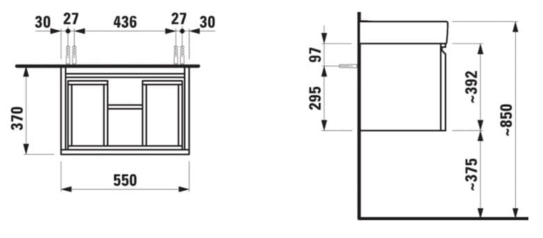 LAUFEN PRO S skrinka pod umývadlo 55x37x39, 2 cm, 1 zásuvka, biela H4830310954631 Technický nákres