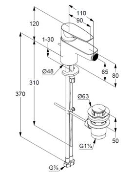 KLUDI PURE&SOLID bidetová stojanková batéria, s odtokovou súpravou, chróm 342160575 Technický nákres