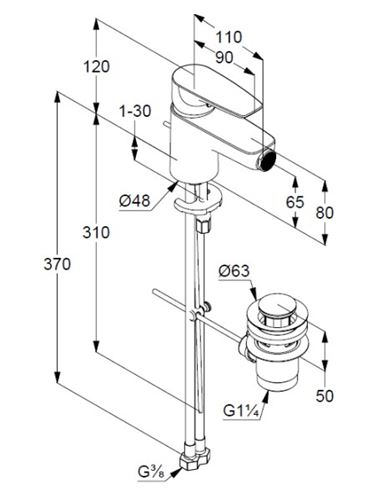 KLUDI PURE&SOLID bidetová stojanková batéria, s odtokovou súpravou, chróm 342160575 Technický nákres