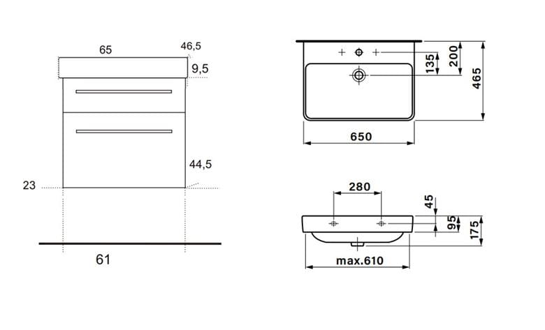 EDEN SMARAGD skrinka s umývadlom 65x46,5x63,5 cm, 2 zásuvky, lesklá biela SML65 ZZ L1L1 Technický nákres