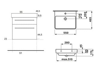 EDEN SMARAGD skrinka s umývadlom 55x46,5x63,5 cm, 2 zásuvky, lesklá biela SML55 ZZ L1L1 Technický nákres