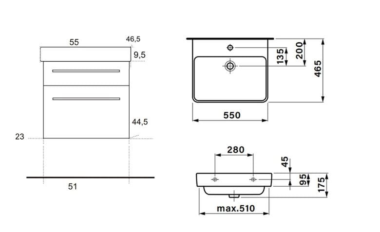 EDEN SMARAGD skrinka s umývadlom 55x46,5x63,5 cm, 2 zásuvky, lesklá biela SML55 ZZ L1L1 Technický nákres