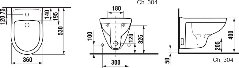 JIKA LYRA PLUS závesný bidet H8303810003041 Technický nákres