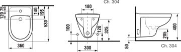JIKA LYRA PLUS závesný bidet H8303810003041 Technický nákres