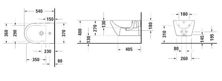 DURAVIT D-NEO závesný bidet, WonderGliss 22941500001 Technický nákres