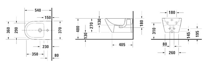 DURAVIT D-NEO závesný bidet, WonderGliss 22951500001 Technický nákres