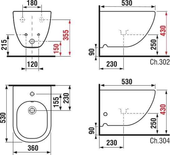 JIKA MIO závesný bidet, JikaPerla H8317121003041 Technický nákres