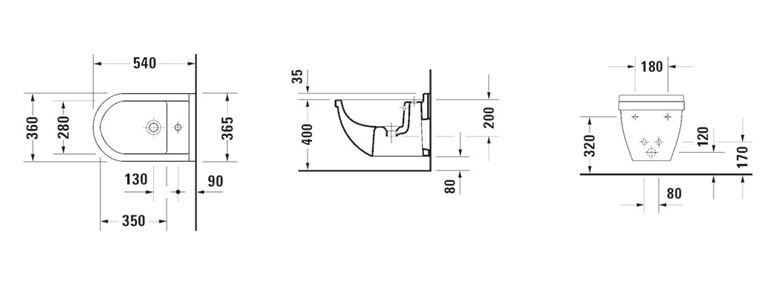 DURAVIT STARCK 3 závesný bidet, WonderGliss 22301500001 Technický nákres