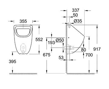 GROHE BAU CERAMIC pisoár, horný prívod vody, alpská biela 39439000 Technický nákres